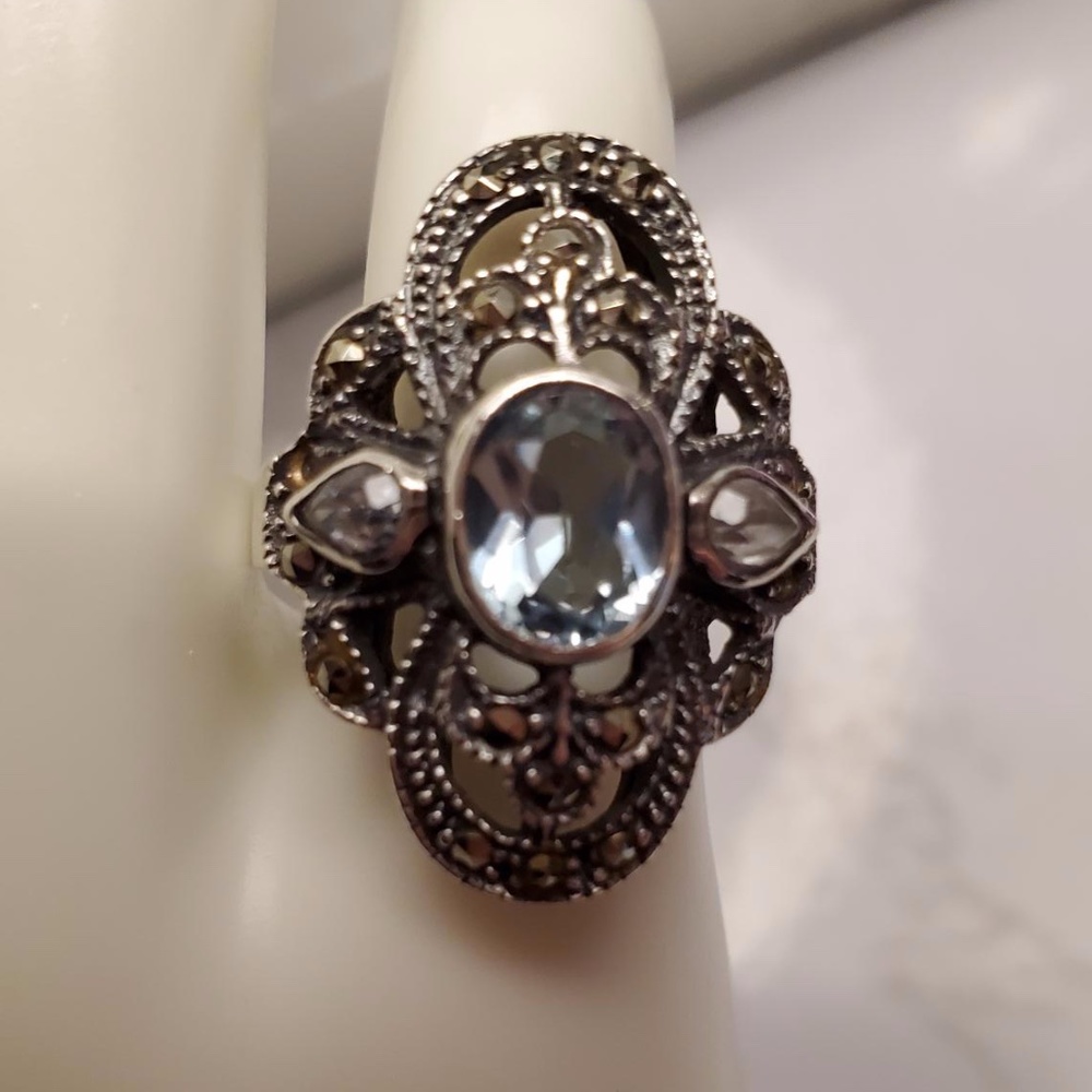 VINTAGE STERLING MARCASITE & TOPAZ RING - Picture 6 of 8